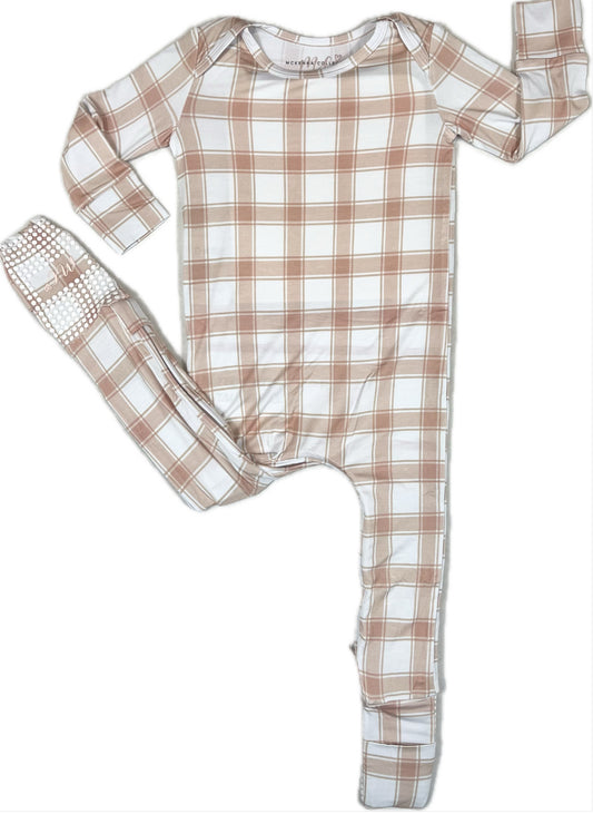 Peachy Plaid U-Zip Footie Romper