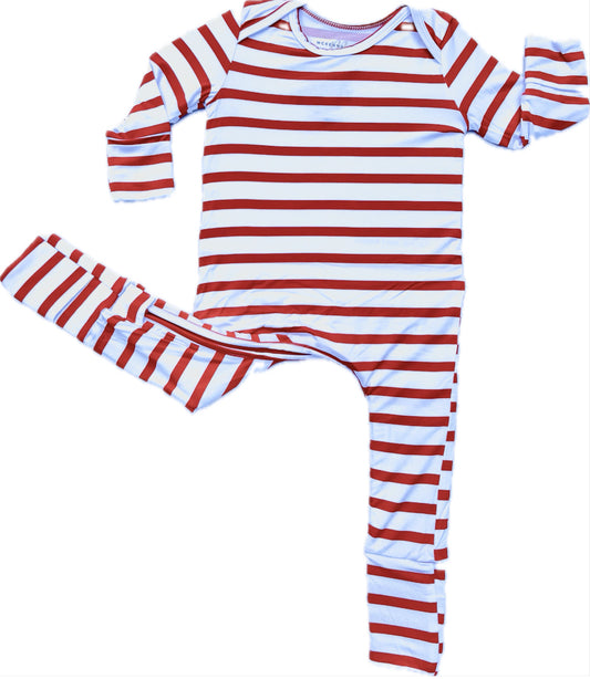 Red Candy Stripe U-Zip Footie Romper